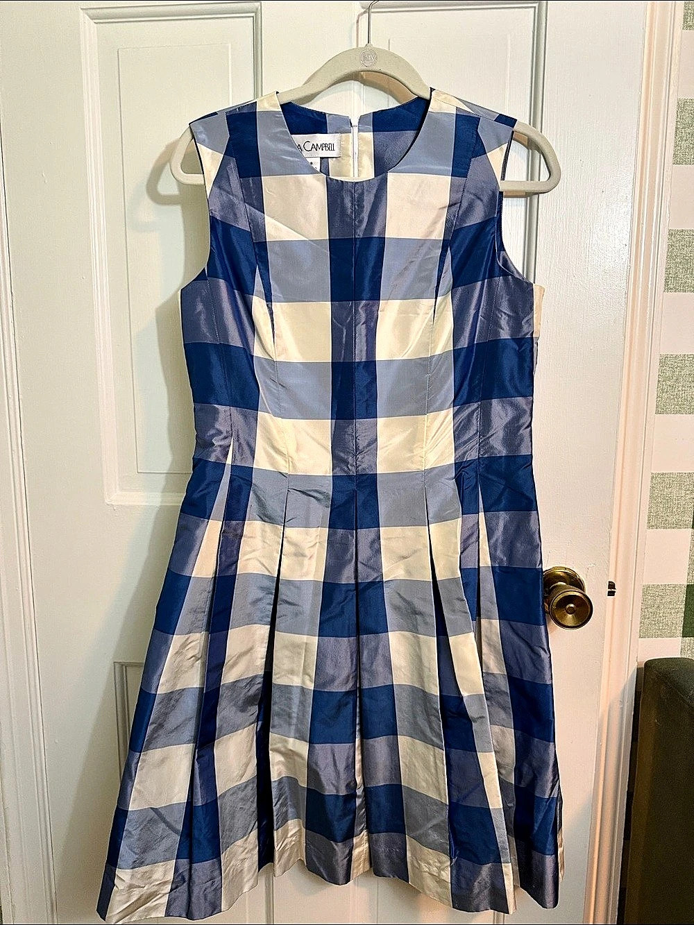 Sara Campbell Invert Pleat Drop Waist Checkered Mini Dress Blue & White Size 8